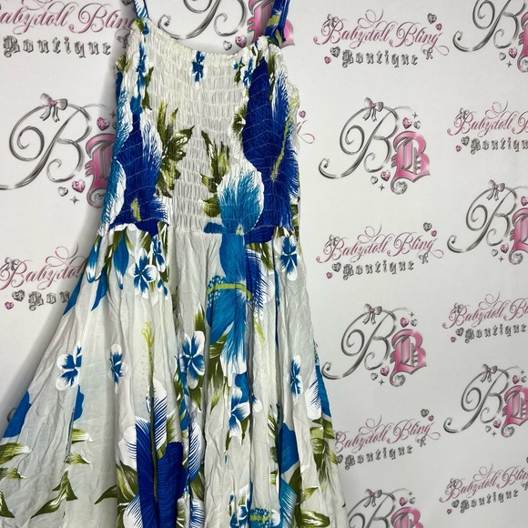 Hawaii dress floral white blue green fairy whimsical asymmetrical hem flowers - Picture 4 of 5